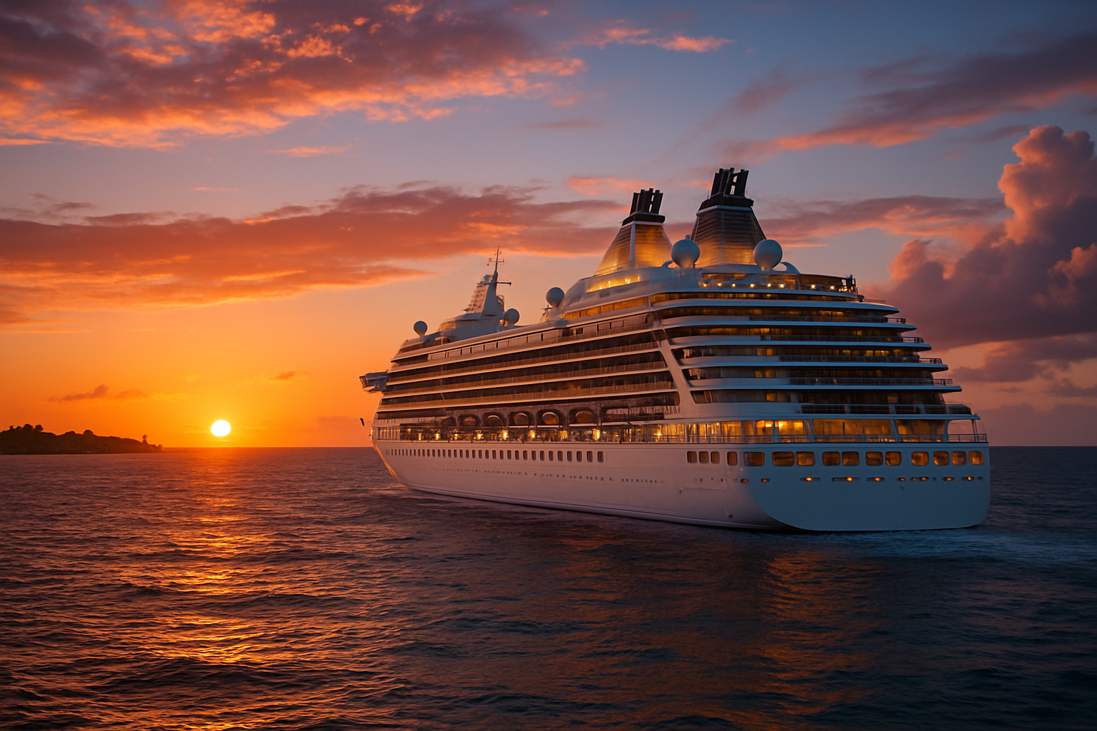 Luxury cruise ship departing from Barbados at sunset