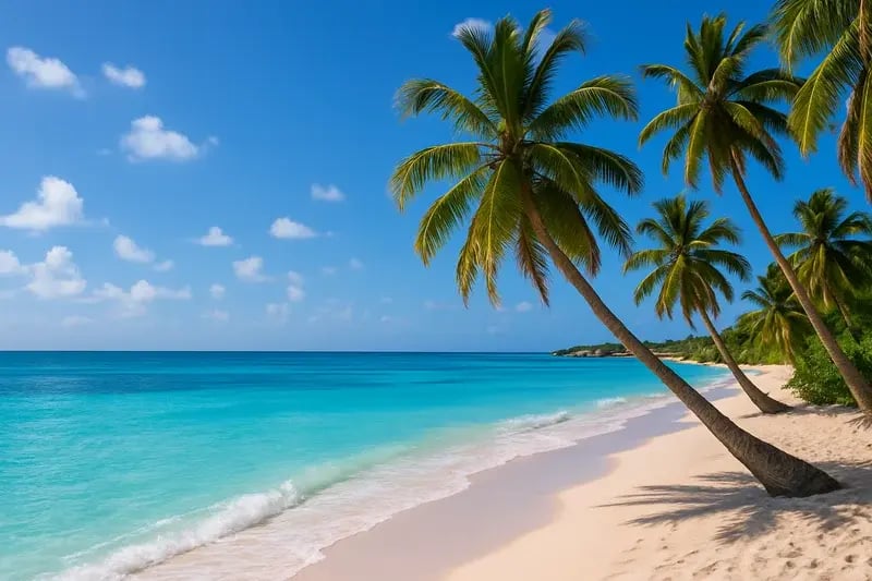 Barbados beach with clear blue water and palm trees