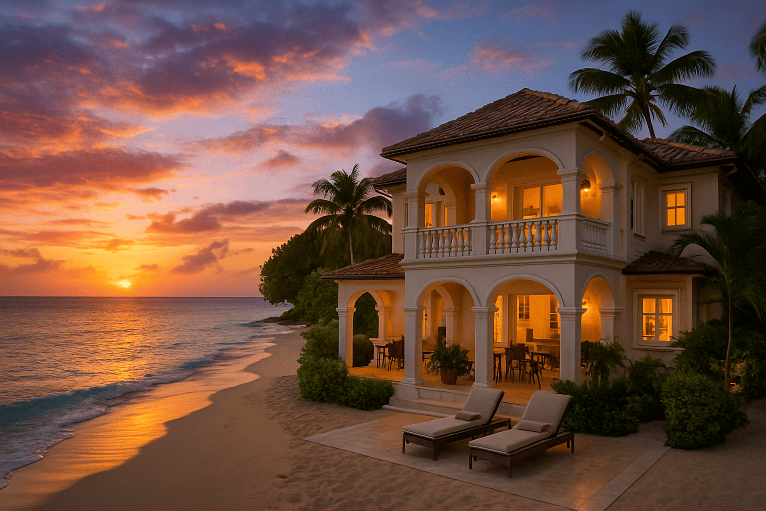Beachfront villa in Barbados at sunset