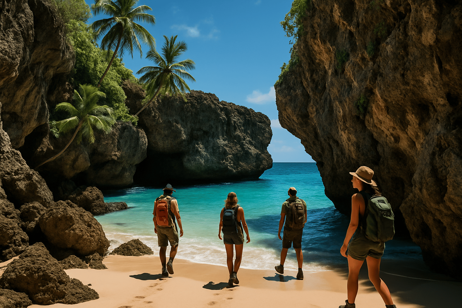 Travelers exploring a hidden cove in Barbados